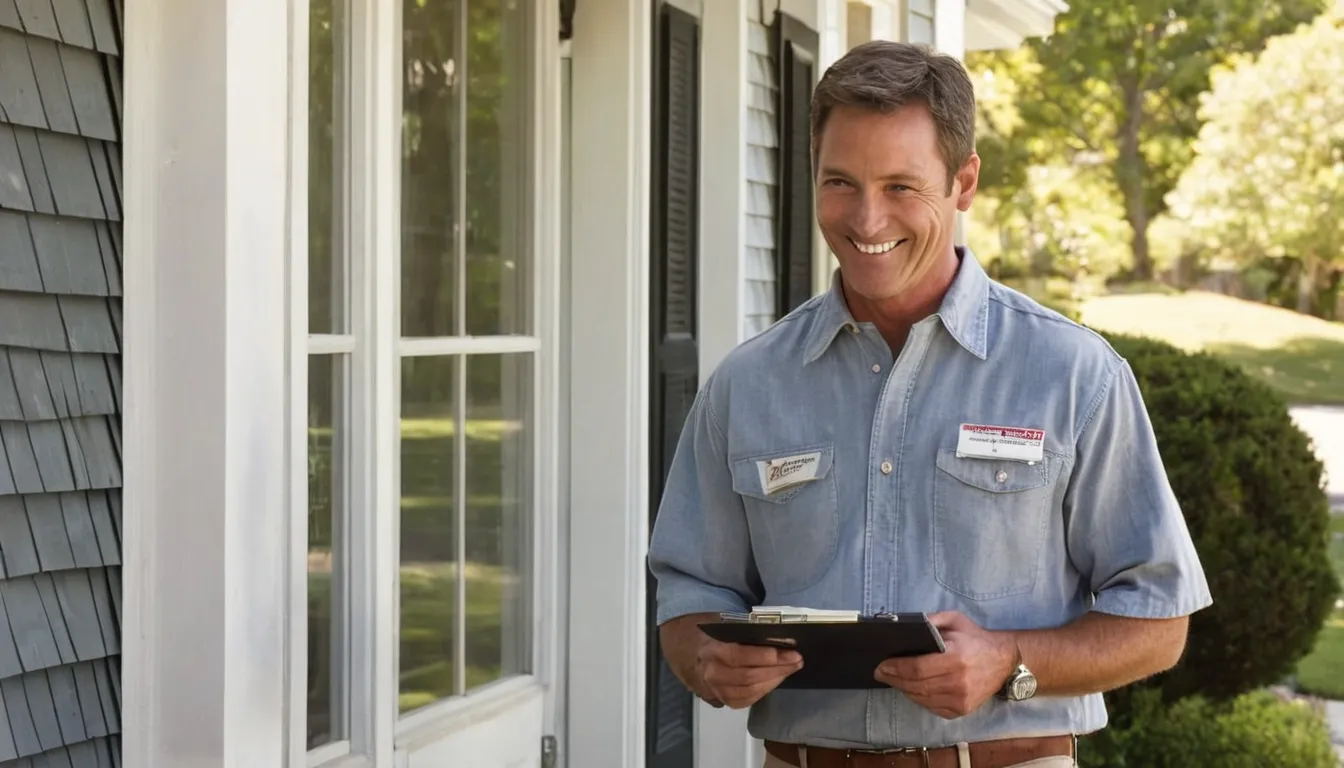 A friendly local pest control provider talking with a homeowner at the front door of a house in Buffalo